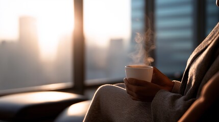 冬の朝、窓辺で手に持つマグカップから立ち上る湯気が美しい温かいコーヒー飲み物の写真