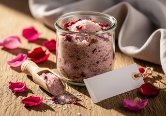 Pink rose bath salts with blank label tag and scattered petals on wooden surface