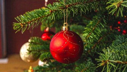 Close-up of a festive evergreen tree branch with vibrant red and gold ornaments, showcasing holiday cheer