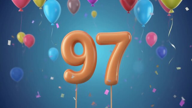 Number 97 surrounded by balloons. Festive video for birthday or anniversary party