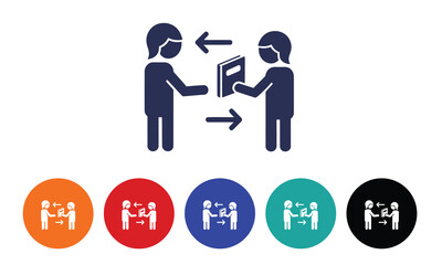 Book Exchange and Knowledge Sharing Icon Set. People Passing Book with Arrows, Information Transfer, and Library Concepts in Various Colors.