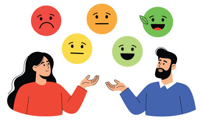 Customer Feedback and Satisfaction Meter. Man and Woman Choosing Emoticon for Service Rating, Survey, or Experience Review Concept.