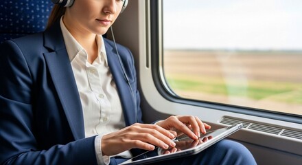 Professional woman in a suit using a tablet and headphones while traveling by train