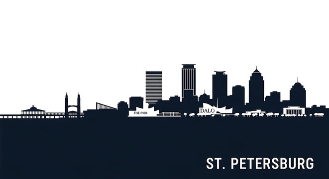 Vector silhouette of the St. Petersburg Florida skyline, clean urban outline featuring coastal city landmarks, modern flat cityscape design for travel, tourism, and destination branding use
