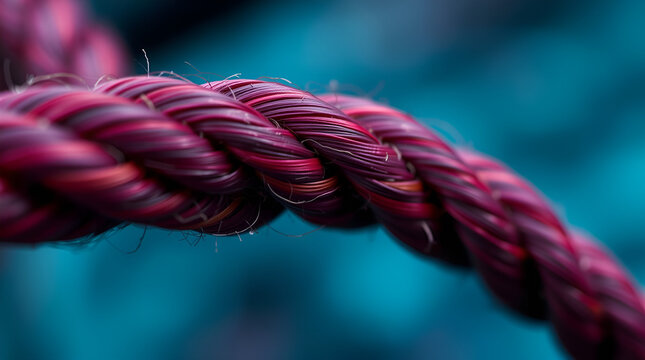 Extreme closeup macro shot of a thick, braided synthetic rope, deep magenta or purple in color, showing fine texture and slight moisture against a blurred, vibrant teal blue background