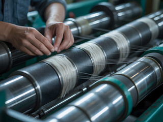 Textile worker threading fiber on production machine