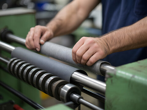 Industrial process: worker handling material on cutting machine - Powered by Adobe