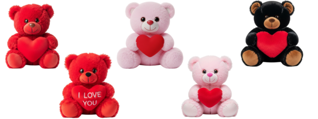 Collection of toy teddy bears in various shades , all similarly posed in a sitting position. They feature a visible sewn seam design.

