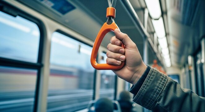 Close-up of a hand gripping an orange safety strap inside a moving train car, showing motion blur outside the window