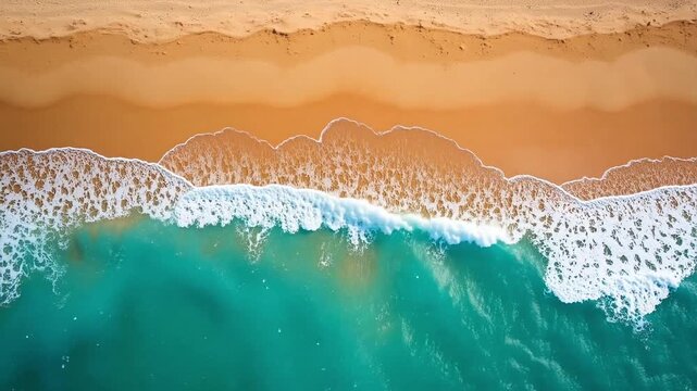 Breathtaking turquoise wave crashing on golden sand beach from above in stunning 4k. Perfect for travel, nature, or relaxation videos.