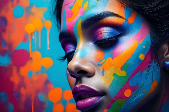 Portrait of a Woman with Vibrant Abstract Face Paint