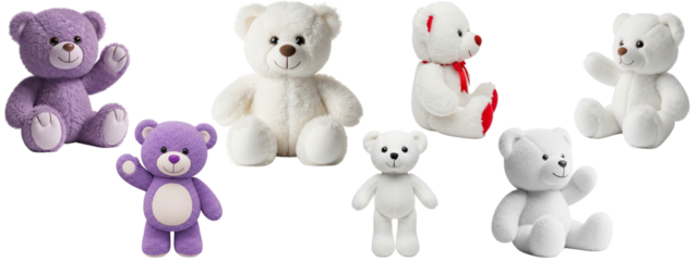 Collection of toy teddy bears in various shades of white and purple, all similarly posed in a sitting position. They feature a visible sewn seam design.

