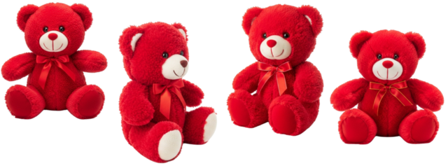 Collection of toy teddy bears in various shades of red, all similarly posed in a sitting position. They feature a visible sewn seam design.


