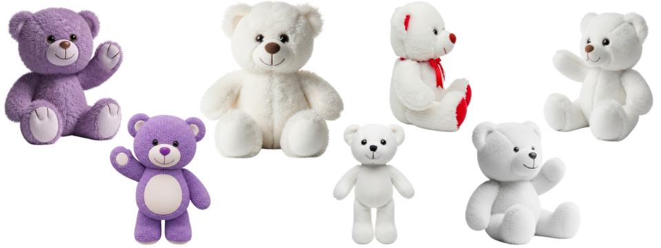 Collection of toy teddy bears in various shades of white and purple, all similarly posed in a sitting position. They feature a visible sewn seam design.

