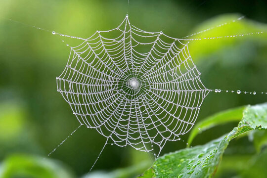A dewy spider web glistening in the morning light.