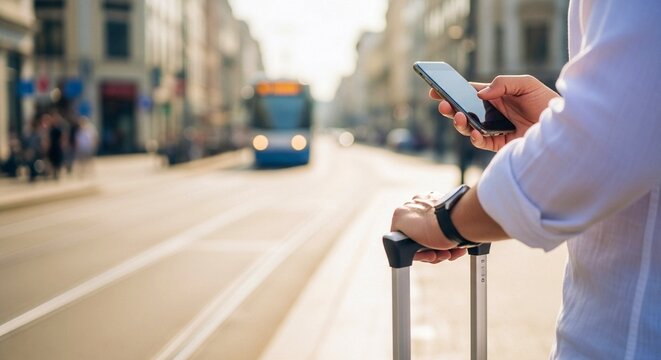 Traveler holding a suitcase and smartphone on a city street. A blurred tram is visible in the background on a sunny day