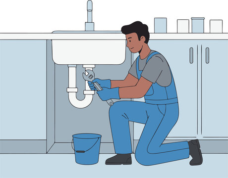 Clean flat vector of a male plumber kneeling under a kitchen sink and tightening the P-trap with a wrench. Gloves, overalls and bucket suggest service and safety.