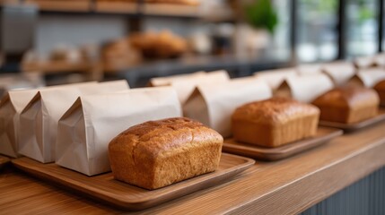 Small business branding mockup, Freshly baked loaves of bread displayed alongside neatly packaged items in a warm, inviting bakery setting.