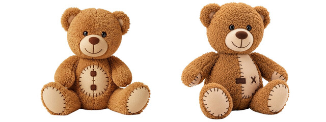 Collection of toy teddy bears in various shades of brown, all similarly posed in a sitting position. They feature a visible sewn seam design.

