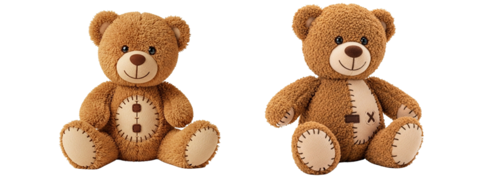 Collection of toy teddy bears in various shades of brown, all similarly posed in a sitting position. They feature a visible sewn seam design.

