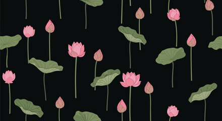 Seamless pattern of pink lotus flowers and green leaves on a black background.