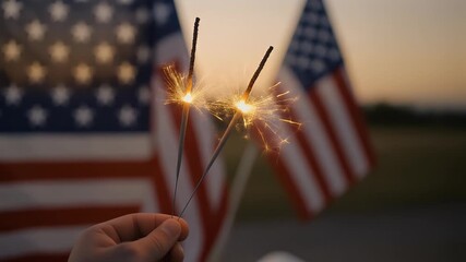 Happy 4th of July Independence Day. Hands holding sparklers celebration with American flag at sunset nature background, soft focus. Concept Independence Day, Memorial, Veterans, Celebrate, Fireworks. - Powered by Adobe