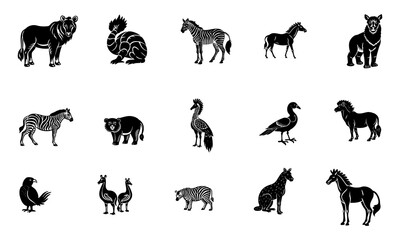 Set of Farm and Wild Animal Silhouettes in Black Vector Icons.