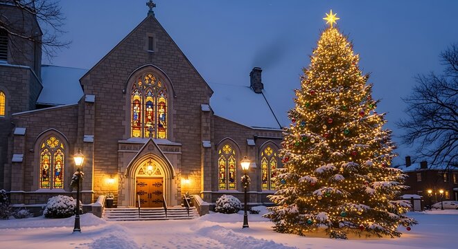 Illuminated Christmas tree and church exterior await winter celebrations.