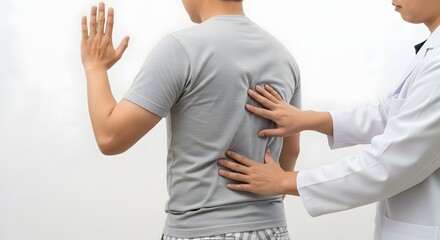 Doctor examining patient's back for pain relief and improved spinal health in clinical setting, offering healthcare solutions for wellness
