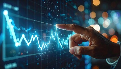 Close-up of a hand with a finger touching a glowing upward trend line graph on a dark digital screen, symbolizing business growth and data analysis.