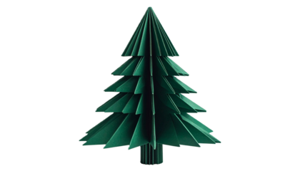 Dark Green Folded Paper Origami Christmas Tree, Isolated on a White or Transparent Background with Copy Space