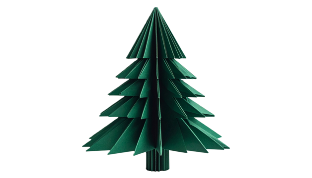 Dark Green Folded Paper Origami Christmas Tree, Isolated on a White or Transparent Background with Copy Space