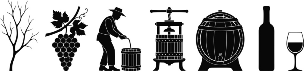 Winemaking silhouette collection showing grapevine, wine press, farmer, wooden barrel, bottle and glass in detailed black vector illustration