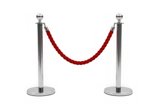 Silver stanchions with red velvet rope isolated on transparent background