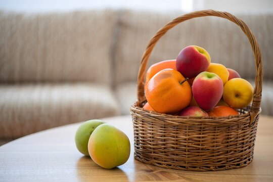Basket of Colorful Apples and Mangoes on Wooden Table