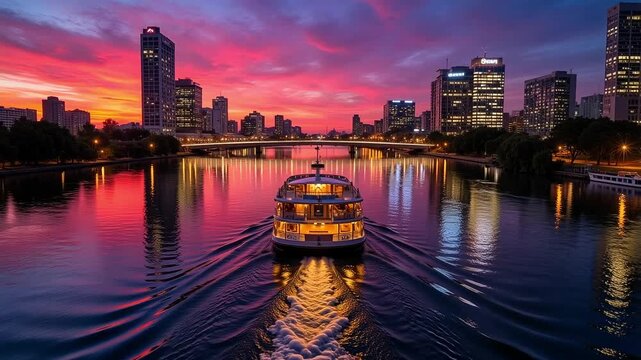 Stunning sunset aerial over Brisbane River with City Cat ferry approaching illuminated skyscrapers in 4k video, perfect for travel and tourism promos