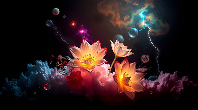 Mystical glowing lotus flowers blooming in dark ethereal space with vibrant cosmic clouds, lightning, and floating orbs, symbolizing enlightenment and spiritual awakening in a magical setting