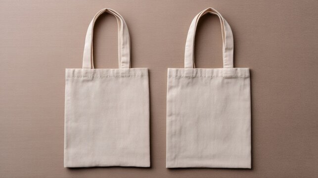 Small business branding mockup, Two beige tote bags displayed on a textured surface, showcasing their simplistic design and sturdy handles, ideal for eco-friendly shopping.
