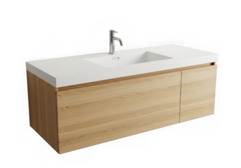 Modern wooden bathroom vanity with white countertop isolated on transparent background