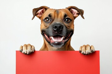 Commercial critter shot. Clean studio with pet. Ð¡ute adult dog boxer hold in front paws a prototype - large red lane sign. Isolated dog on a solid dress code pure white background.