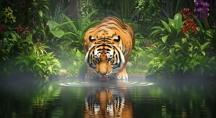 Majestic tiger staring from a misty jungle pond with reflection.