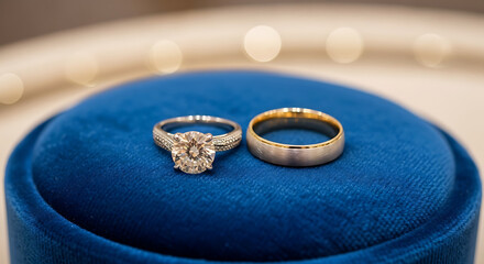 Elegant diamond engagement ring and classic gold wedding band displayed on a plush royal blue velvet cushion for a romantic proposal or wedding celebration