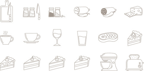 Line art of a variety of food and drink items for use in culinary designs