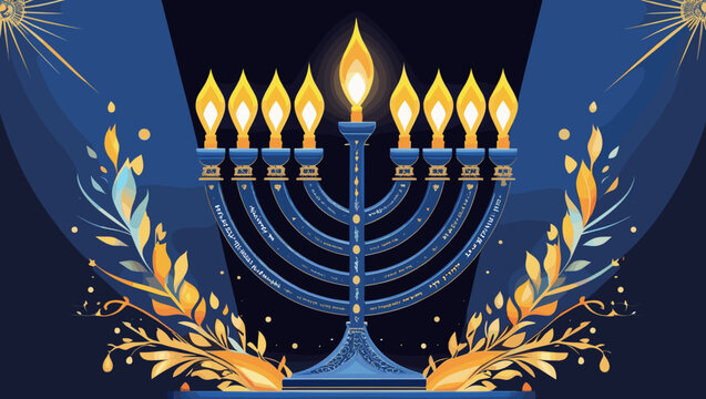 Traditional menorah with lit candles and decorative elements for Hanukkah celebration
