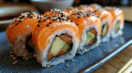 Close up of salmon sushi rolls with avocado and sesame seeds on a blue plate