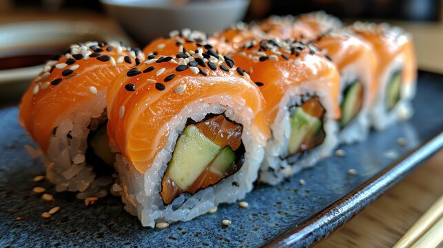 Close up of salmon sushi rolls with avocado and sesame seeds on a blue plate