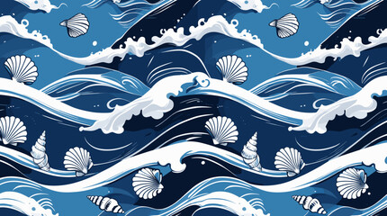 Dynamic ocean waves pattern featuring seashells and white foam on a deep blue background