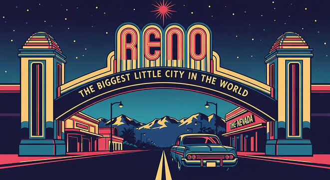 Reno Urban Landmark Illustration Highlighting Nevada City Horizon, Iconic Buildings, Minimalist City Silhouettes, and Panoramic Skyline Ideal for Posters, Maps, and Tourism Graphics