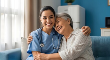 Compassionate caregiver embraces senior woman with a cheerful smile, offering support and companionship in a warm home setting representing quality care