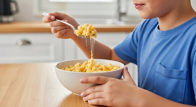 Delicious mac and cheese meal a young boy enjoys with cheesy noodles and a creamy sauce served in a white bowl indoors